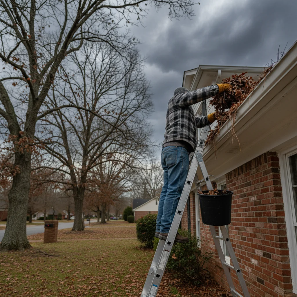 Documentary photograph of a homeowner on an aluminum extension ladder leaning against the side of a North Carolina brick veneer two-story home wearing leather work gloves and scooping wet brown oak and maple leaves out of a clogged white aluminum K-style gutter into a bucket with dark grey storm clouds gathering in the background sky