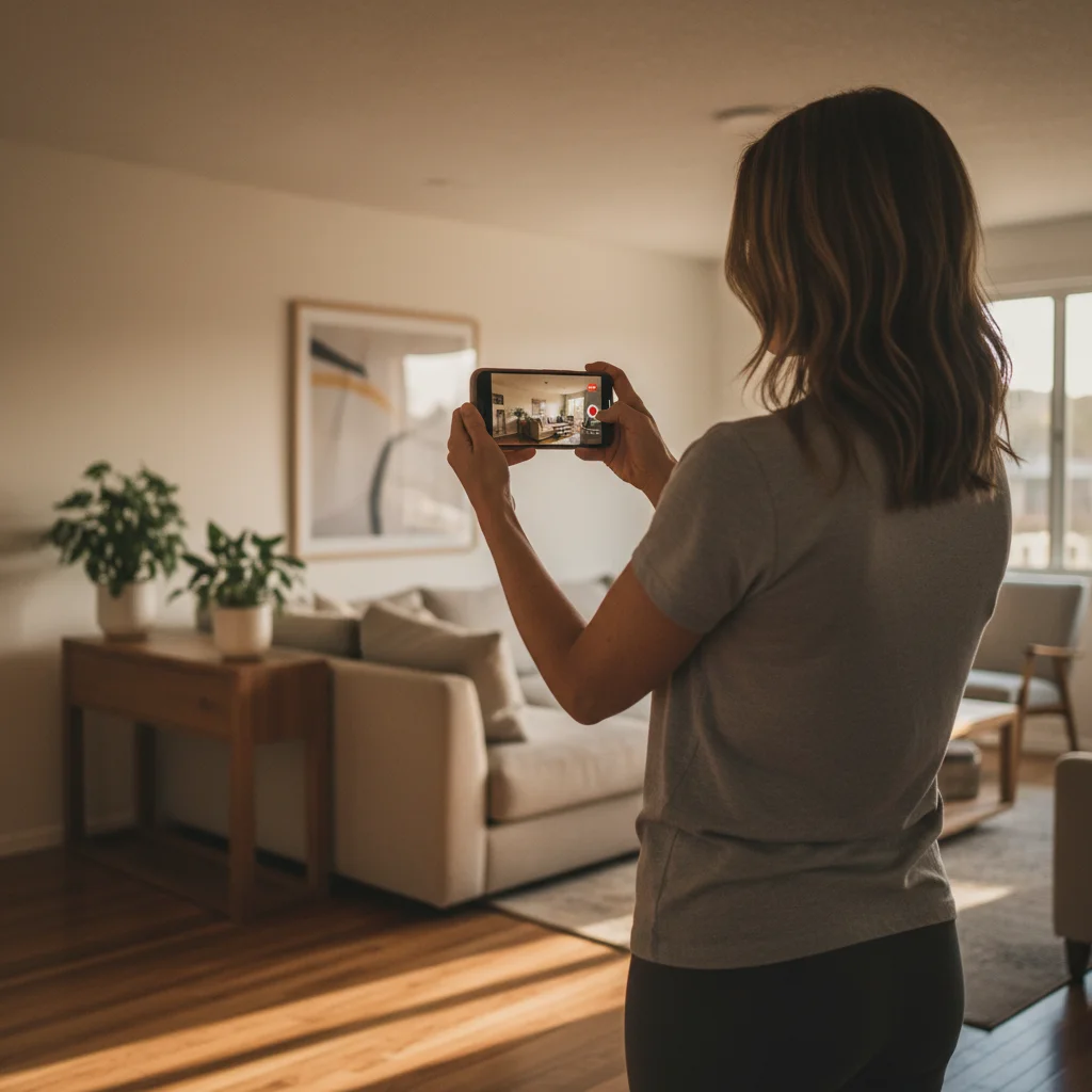 Editorial documentary photograph from a low angle behind a homeowner in casual home clothes holding a smartphone horizontally at eye level recording a video walkthrough of a modern residential living room with the phone screen showing a live camera preview and a small red REC indicator dot in the upper right corner