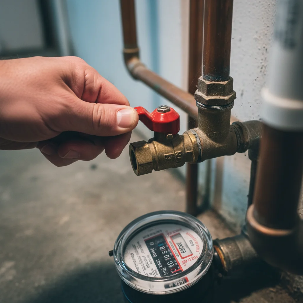 Tight macro photograph of an adult hand rotating a red gate-style main water shutoff valve handle clockwise on a copper supply line entering a utility room with a mechanical water meter visible just below the valve