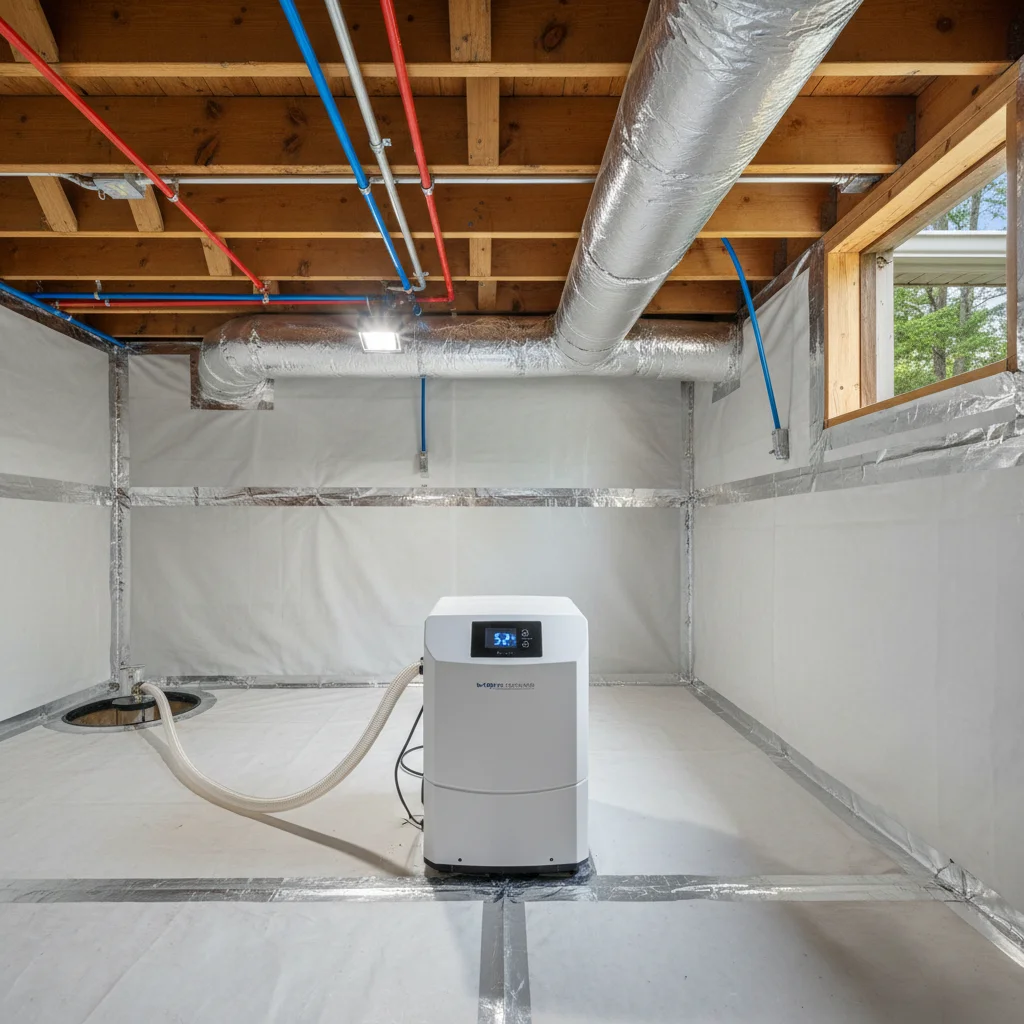 Documentary photograph of a fully encapsulated North Carolina crawl space with white 20-mil reinforced vapor barrier sealed across the floor and walls a commercial dehumidifier with a digital readout showing 52 percent relative humidity running in the center foreground and clean dry floor joists overhead