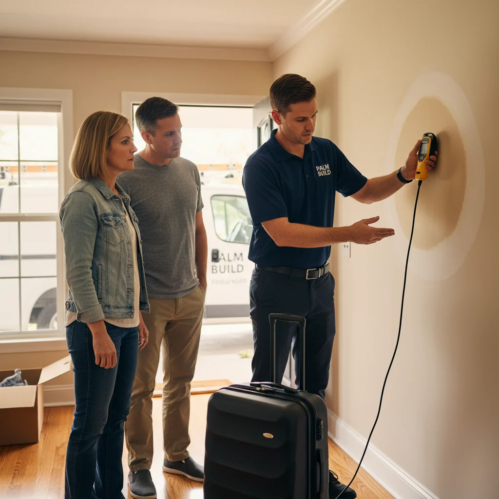 Documentary mid-shot of a Palm Build restoration technician in a clean navy embroidered polo shirt with PALM BUILD readable in white lettering across the chest holding a yellow handheld moisture meter against a section of water-stained drywall while a concerned homeowner couple with a rolling suitcase still beside them in the foreground look on inside a recently returned to living room