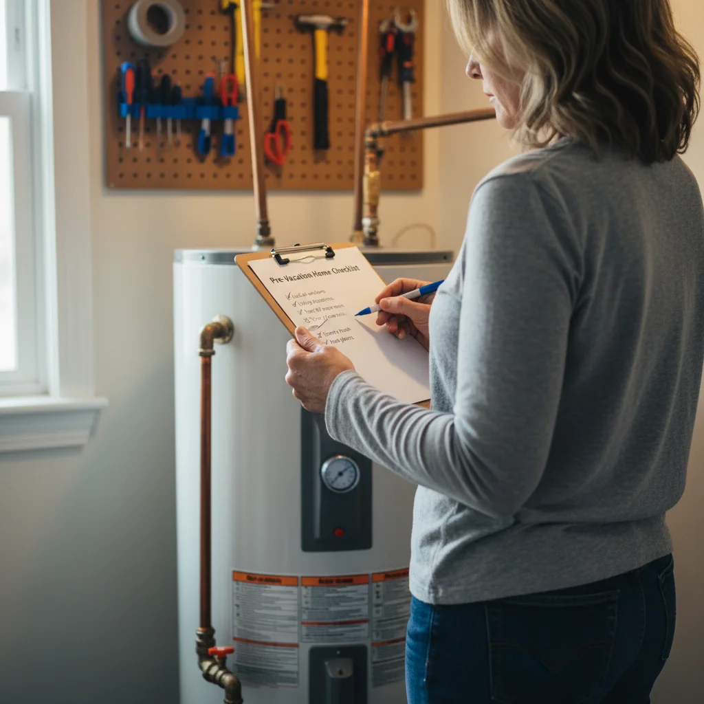 Documentary photograph of a homeowner in casual clothes holding a clipboard with a clearly visible printed Pre-Vacation Home Checklist with several checkboxes ticked in blue ballpoint pen standing in front of a modern white residential water heater in a utility room