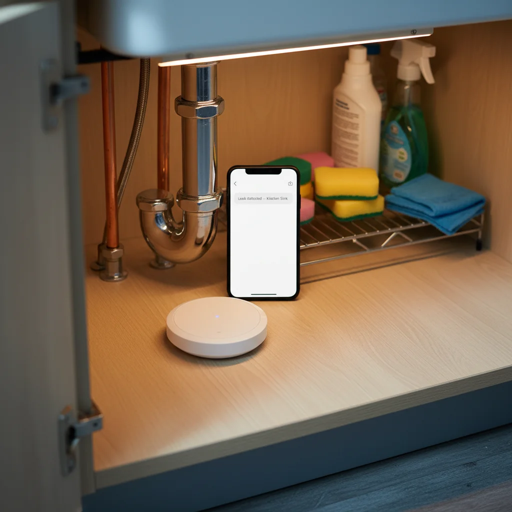 Editorial product photograph of a small white disc-shaped Wi-Fi smart leak sensor sitting on the floor under a kitchen sink beside the chrome P-trap with a smartphone propped against a copper supply line displaying a clean Leak detected — Kitchen Sink notification banner on its screen
