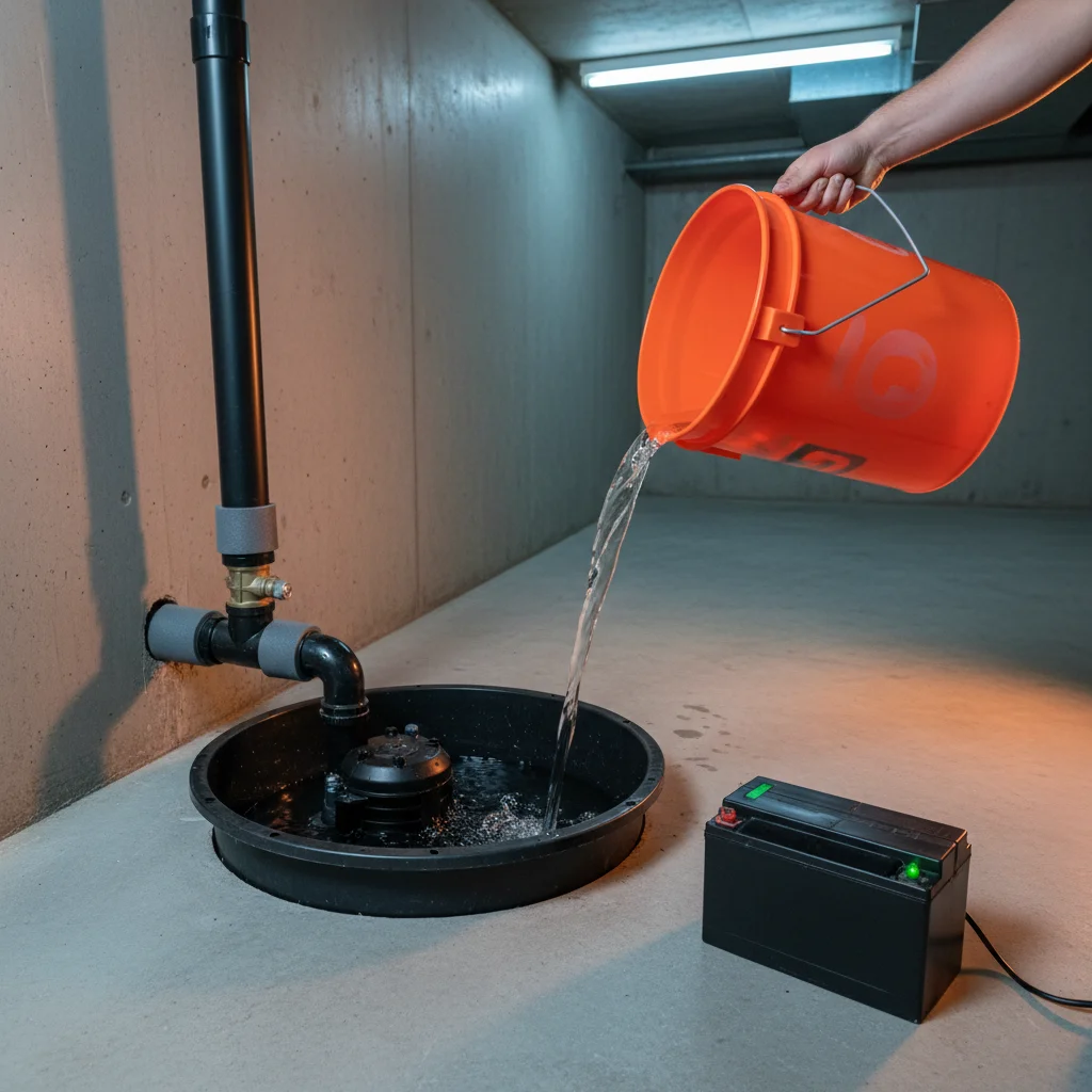 Documentary photograph of a residential sump pump test in progress with a black plastic sump basin set into a concrete basement floor a black submersible sump pump inside and a sealed black battery backup unit beside it with a green charge indicator LED glowing while a homeowner pours clear water from an orange five gallon bucket into the basin to confirm the pump activates