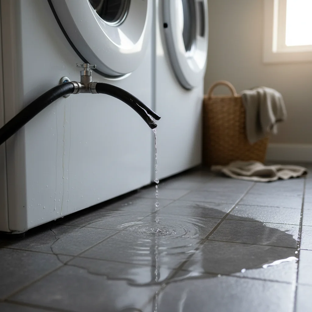 Close-up photograph of a burst washing machine supply hose spraying water onto a laundry room floor, illustrating the type of sudden appliance failure that causes thousands of dollars in damage when no one is home to shut off the supply