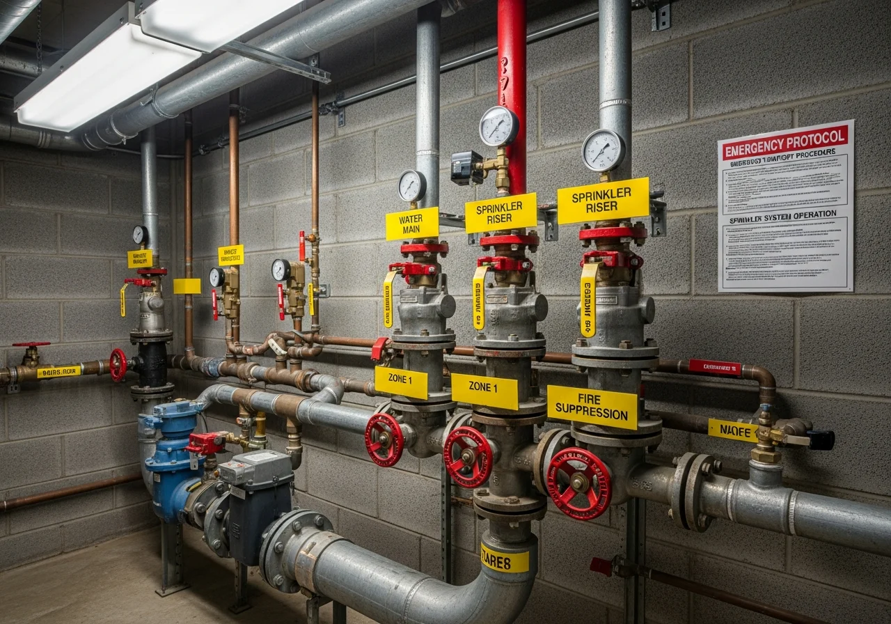 Commercial building utility room showing labeled water shutoff valves, sprinkler risers, and emergency protocol sheet posted on the wall