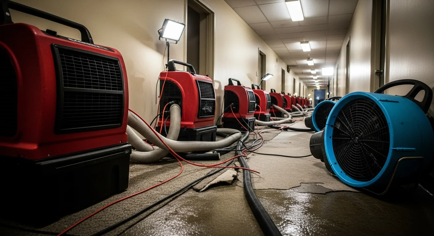 Row of commercial-grade dehumidifiers and high-velocity air movers set up in an apartment building hallway during active water damage drying operations