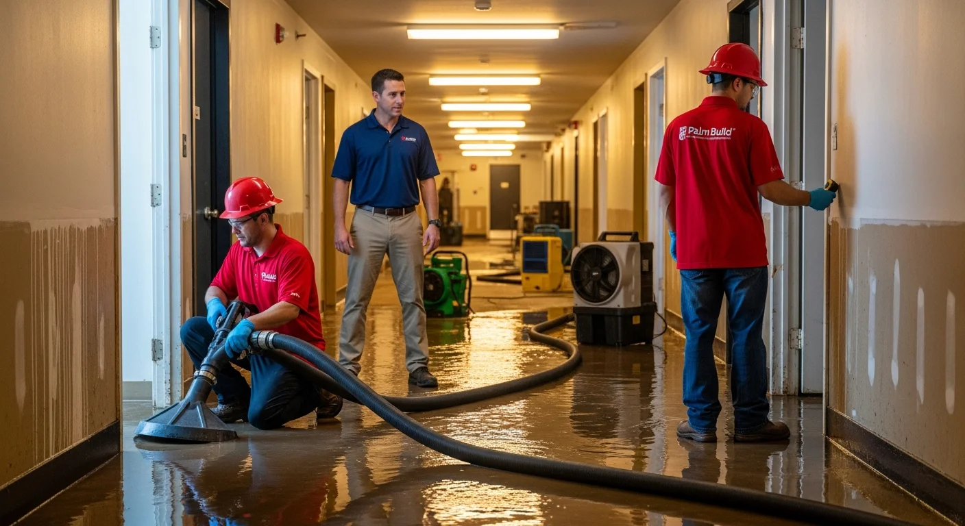 Property manager coordinating with Palm Build restoration technicians extracting water from a flooded commercial apartment building hallway