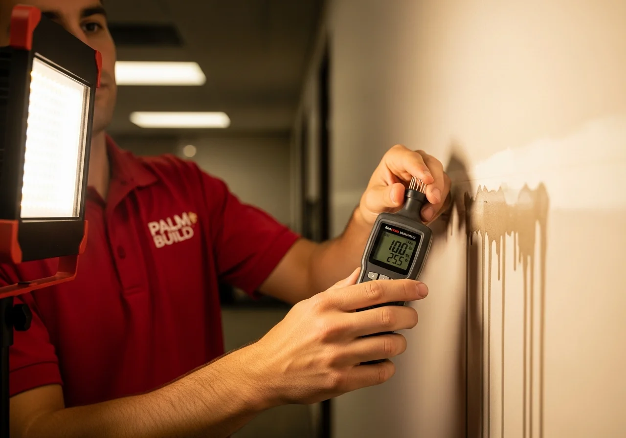 Palm Build technician using a professional moisture meter on water-stained commercial drywall with LED work light illuminating the affected area