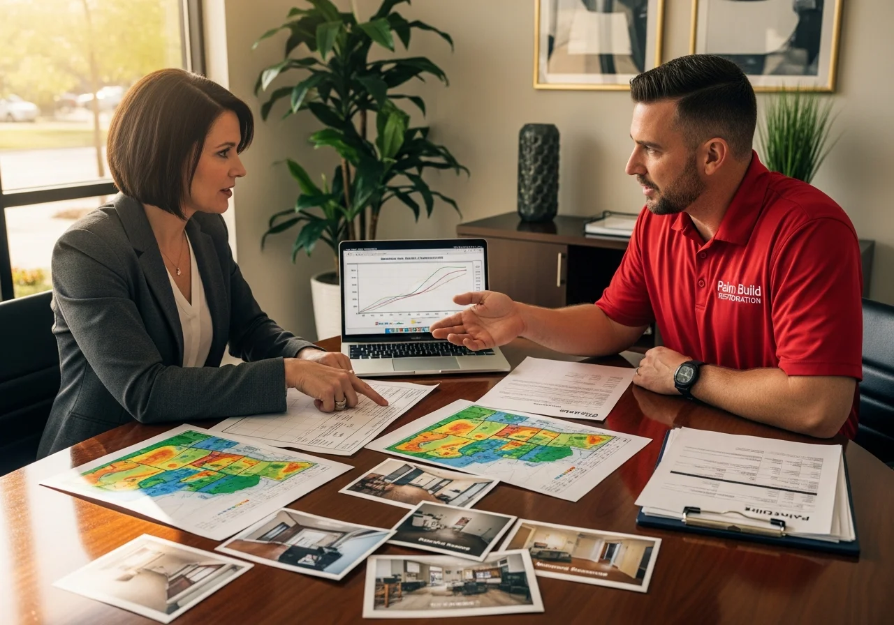 Property manager and Palm Build restoration team lead reviewing moisture maps and damage documentation at a conference table