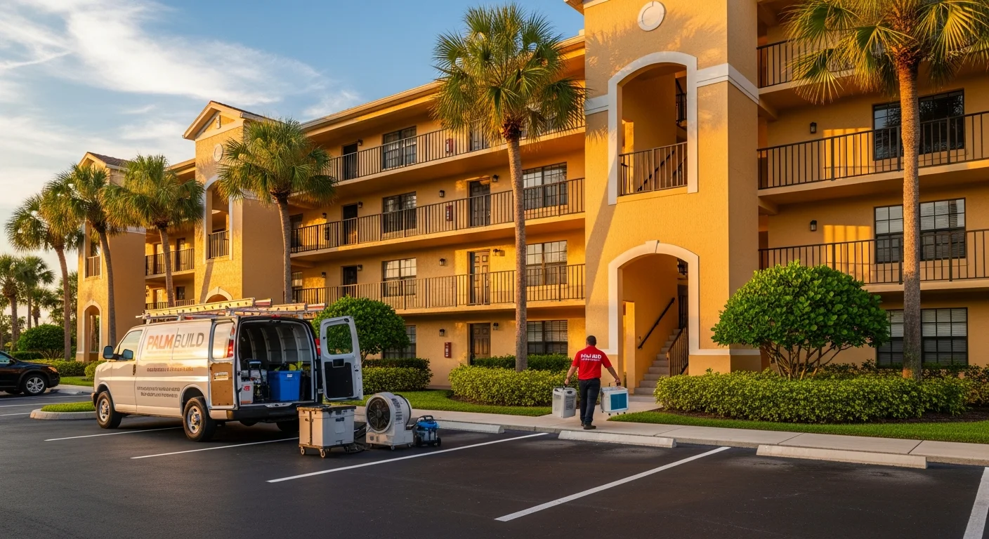 Palm Build restoration van parked outside a Florida apartment complex with technician carrying dehumidifier equipment toward the building entrance at golden hour