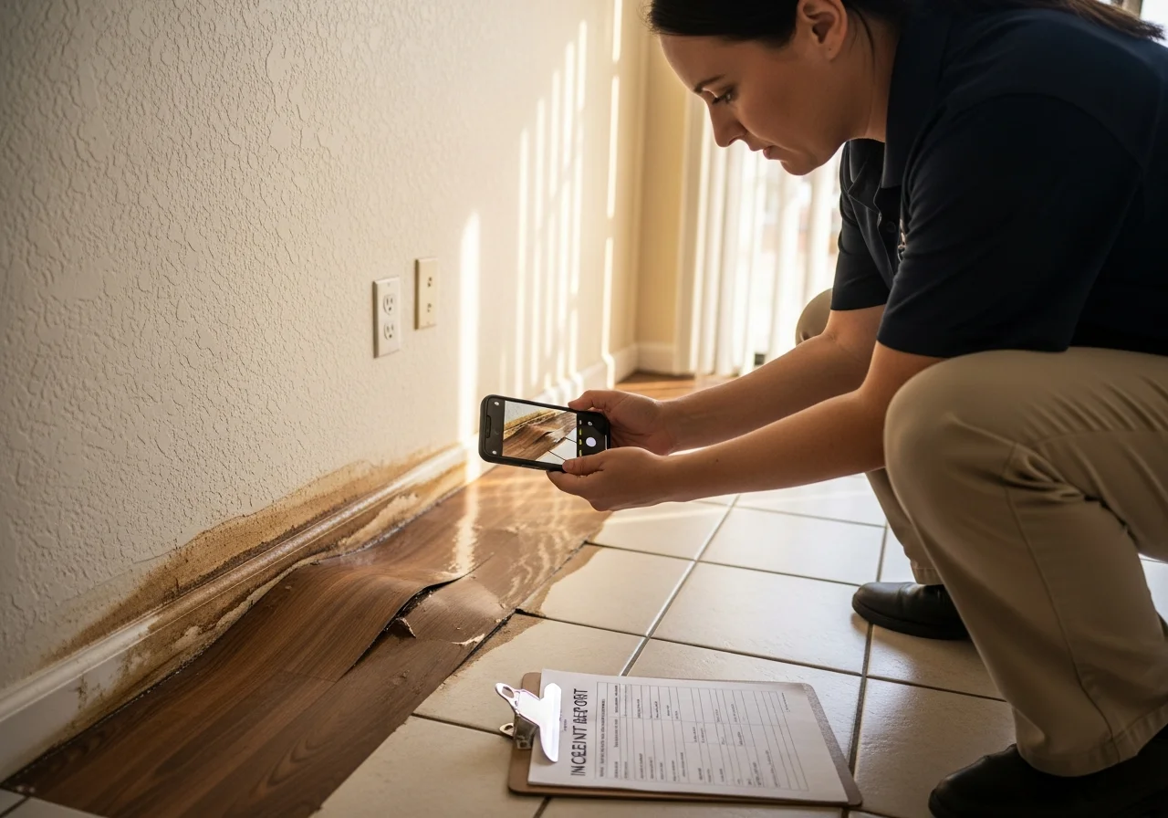 Property manager crouched down photographing water damage along baseboards with smartphone while incident report clipboard sits nearby