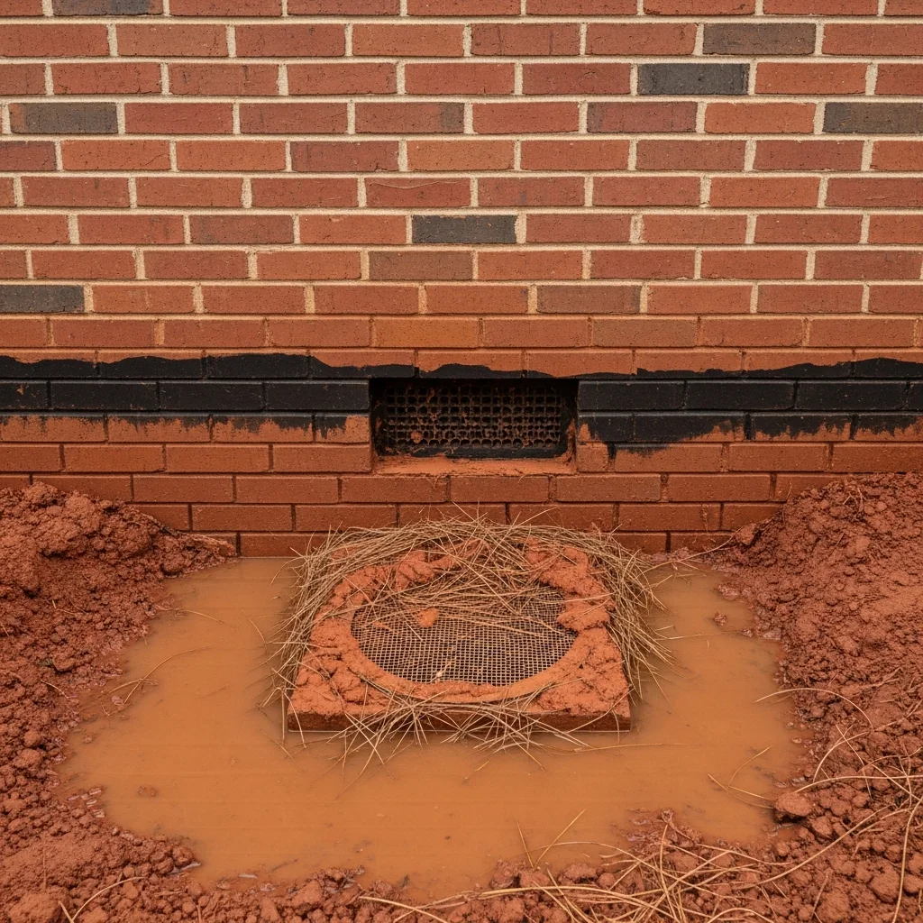 Close-up of crawl space foundation vents on a brick NC home with red clay mud deposits and waterline staining from flooding