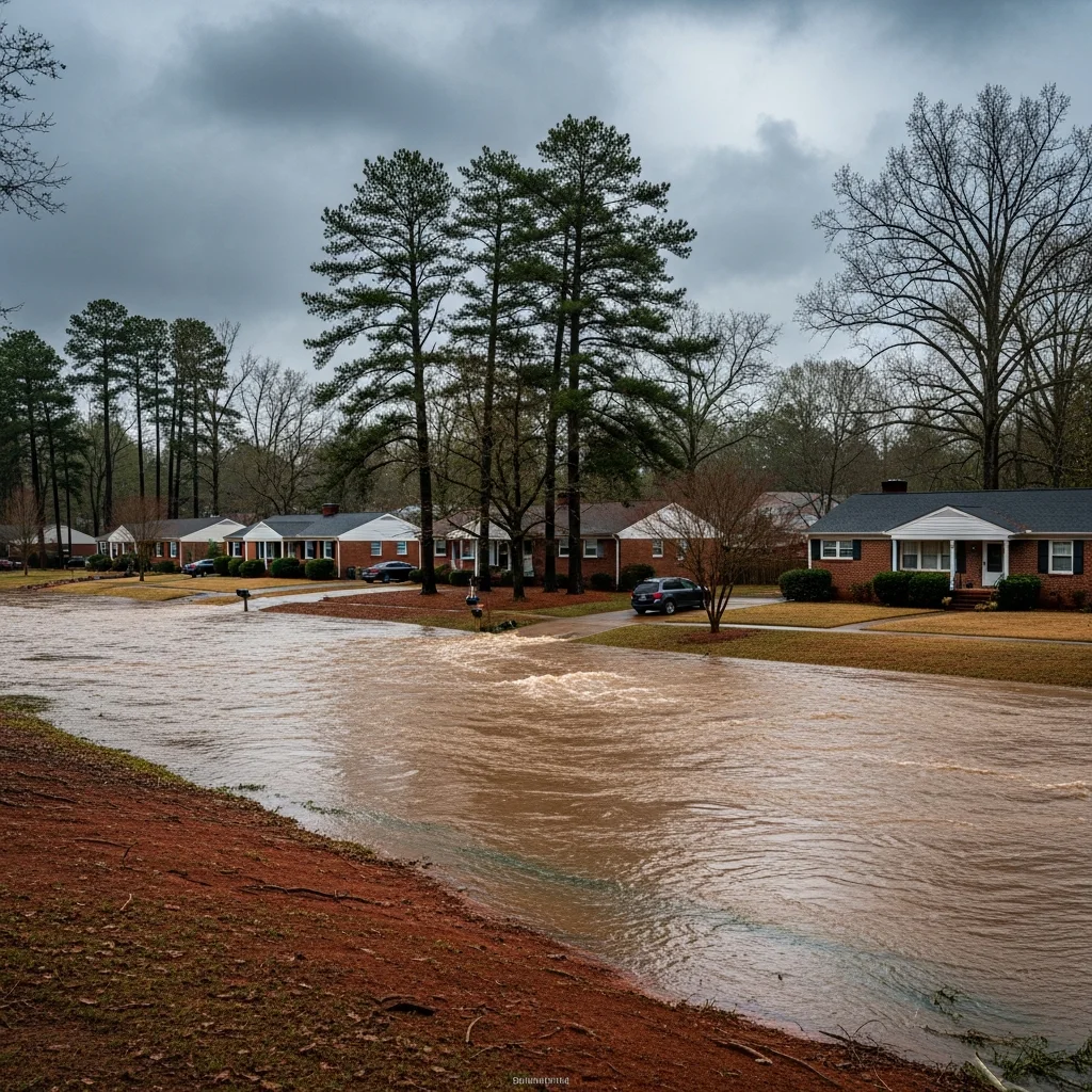 Raleigh NC suburban neighborhood with creek flooding, brown floodwater spreading across residential streets near brick ranch homes and pine trees