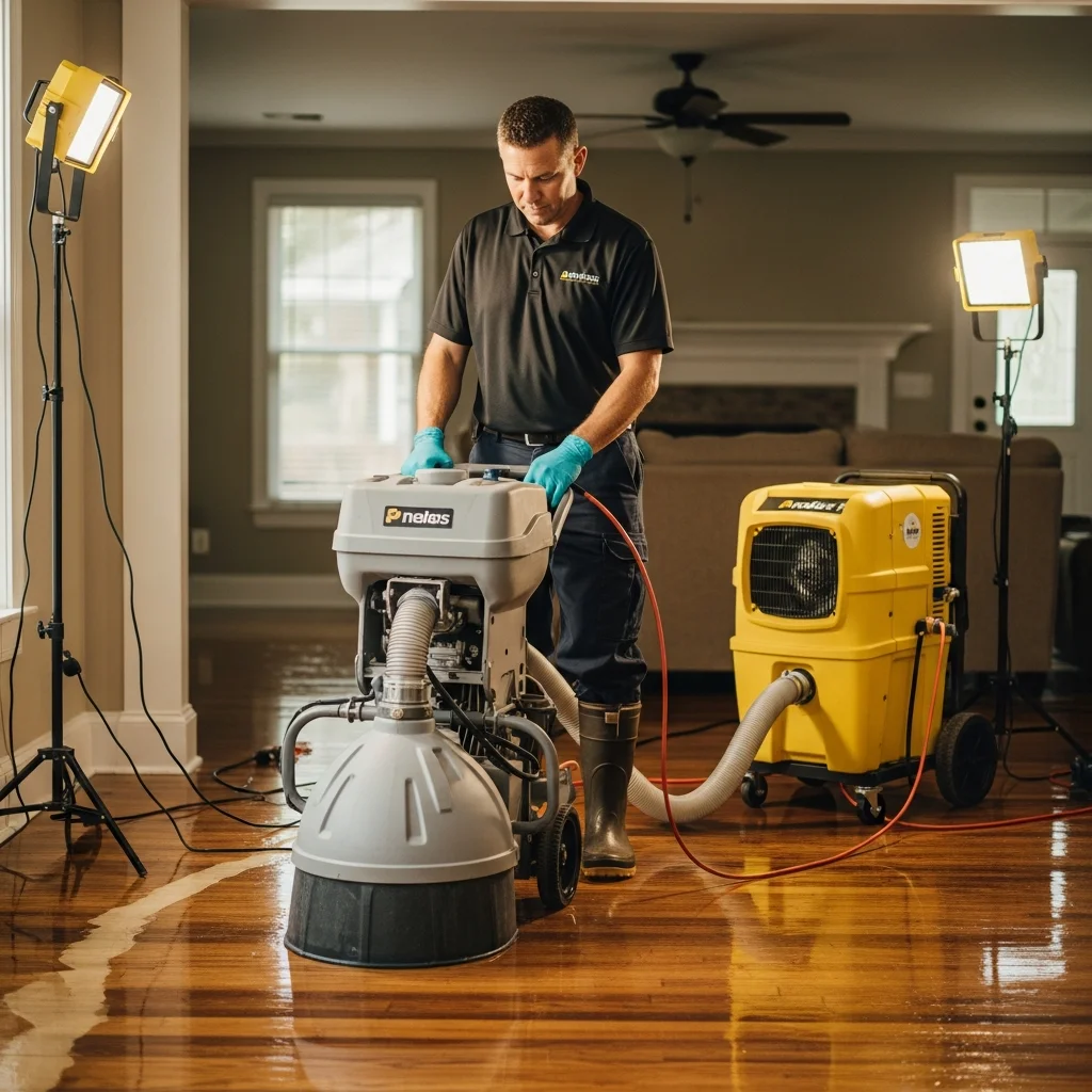 Palm Build restoration technician operating commercial water extraction equipment in a flood-damaged Raleigh NC home with hardwood floors