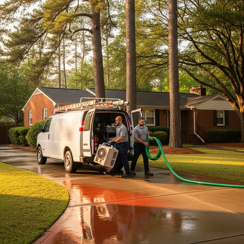 Palm Build restoration work van and technicians in a Raleigh NC residential driveway unloading water damage equipment after a flooding event