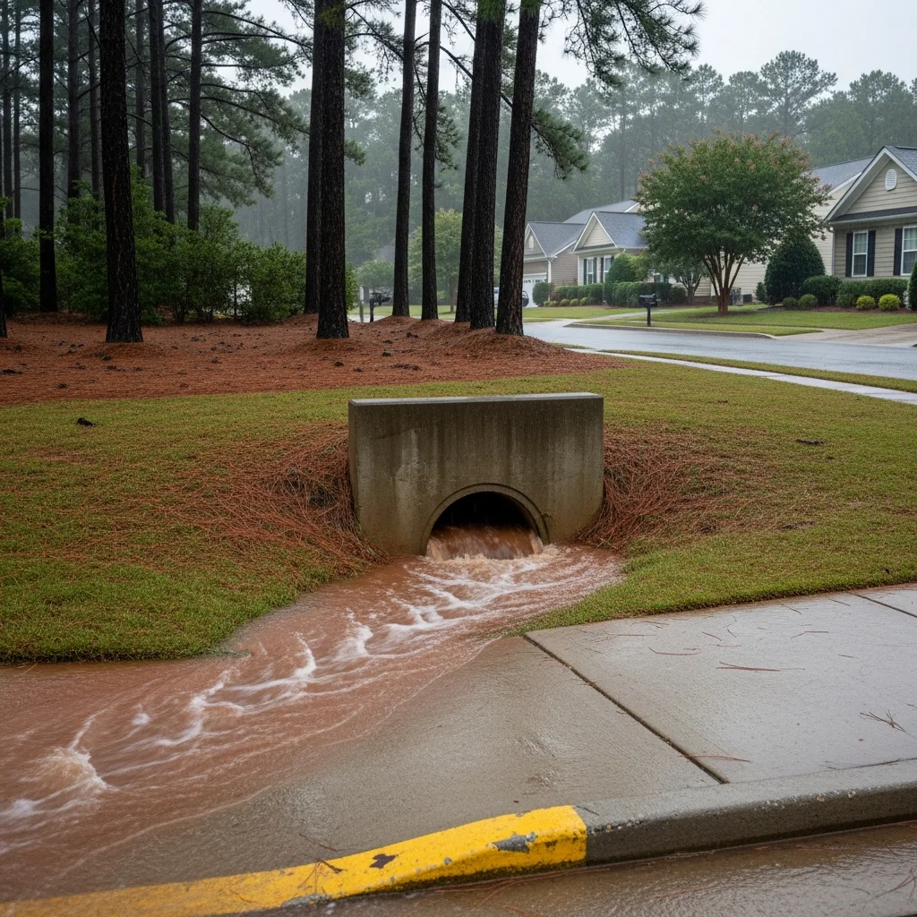 Raleigh NC suburban storm drain culvert overflowing with red clay turbid water during a storm event, water rushing across the sidewalk