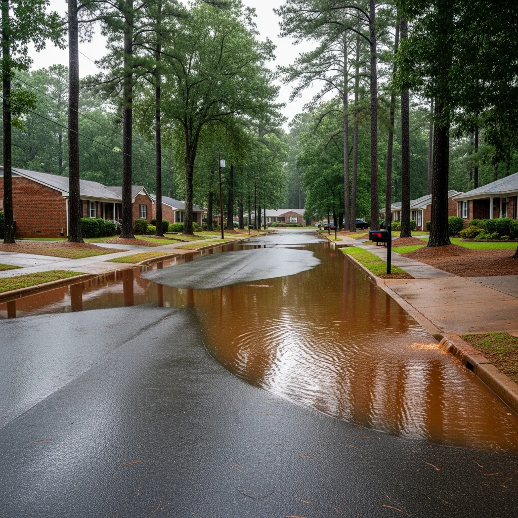 Standing water flooding a residential street in South Raleigh NC after heavy rain, with pine trees and brick homes visible