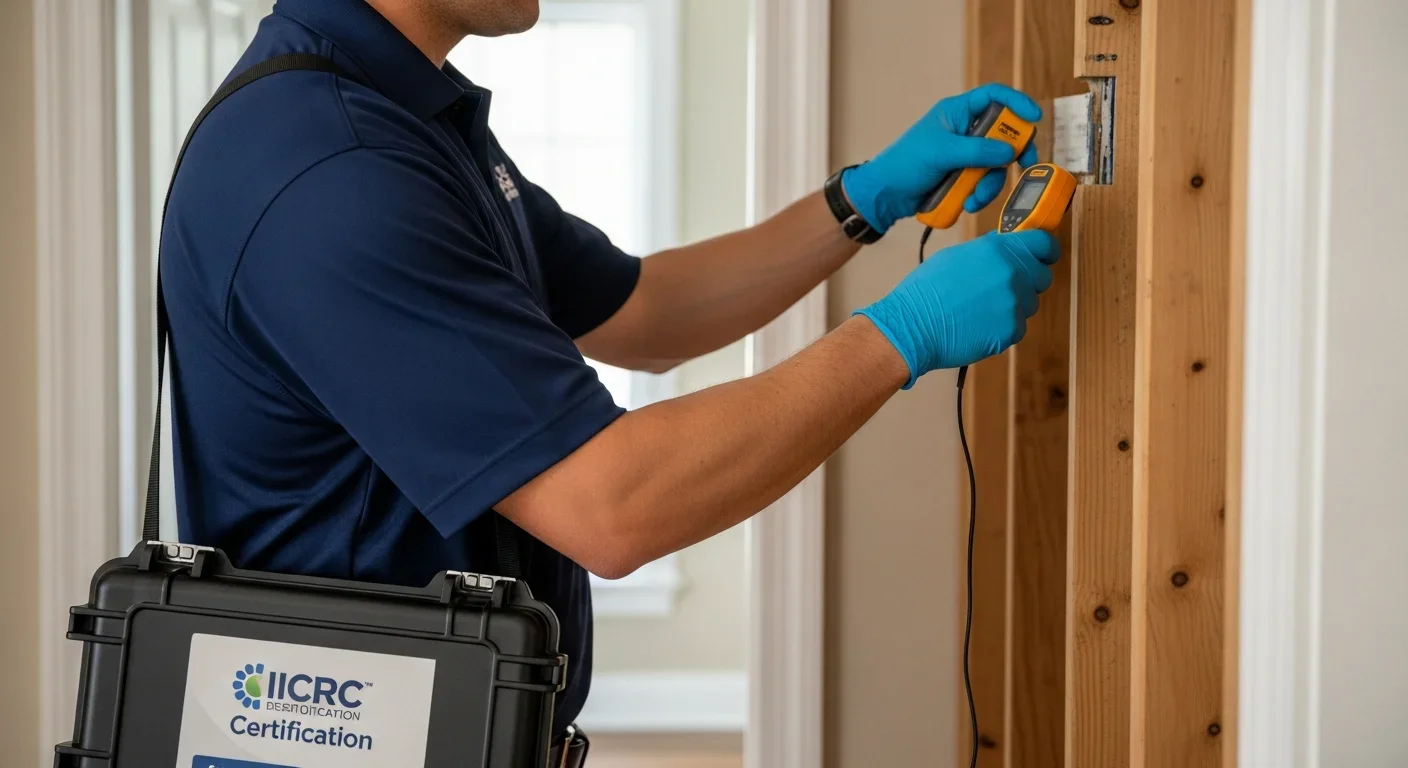 Palm Build Restoration technician in navy blue branded uniform performing moisture meter readings on wall studs inside a Raleigh home during mold assessment with IICRC certified credentials visible on equipment case