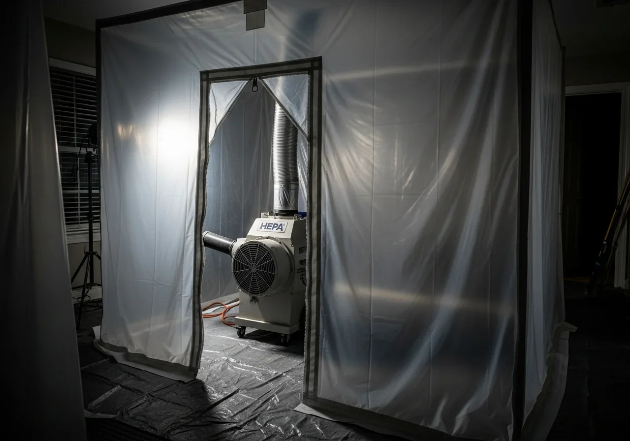 Professional negative air machine with HEPA filter running inside a six mil poly plastic containment barrier in a Raleigh NC home interior during mold remediation with zipper door access visible
