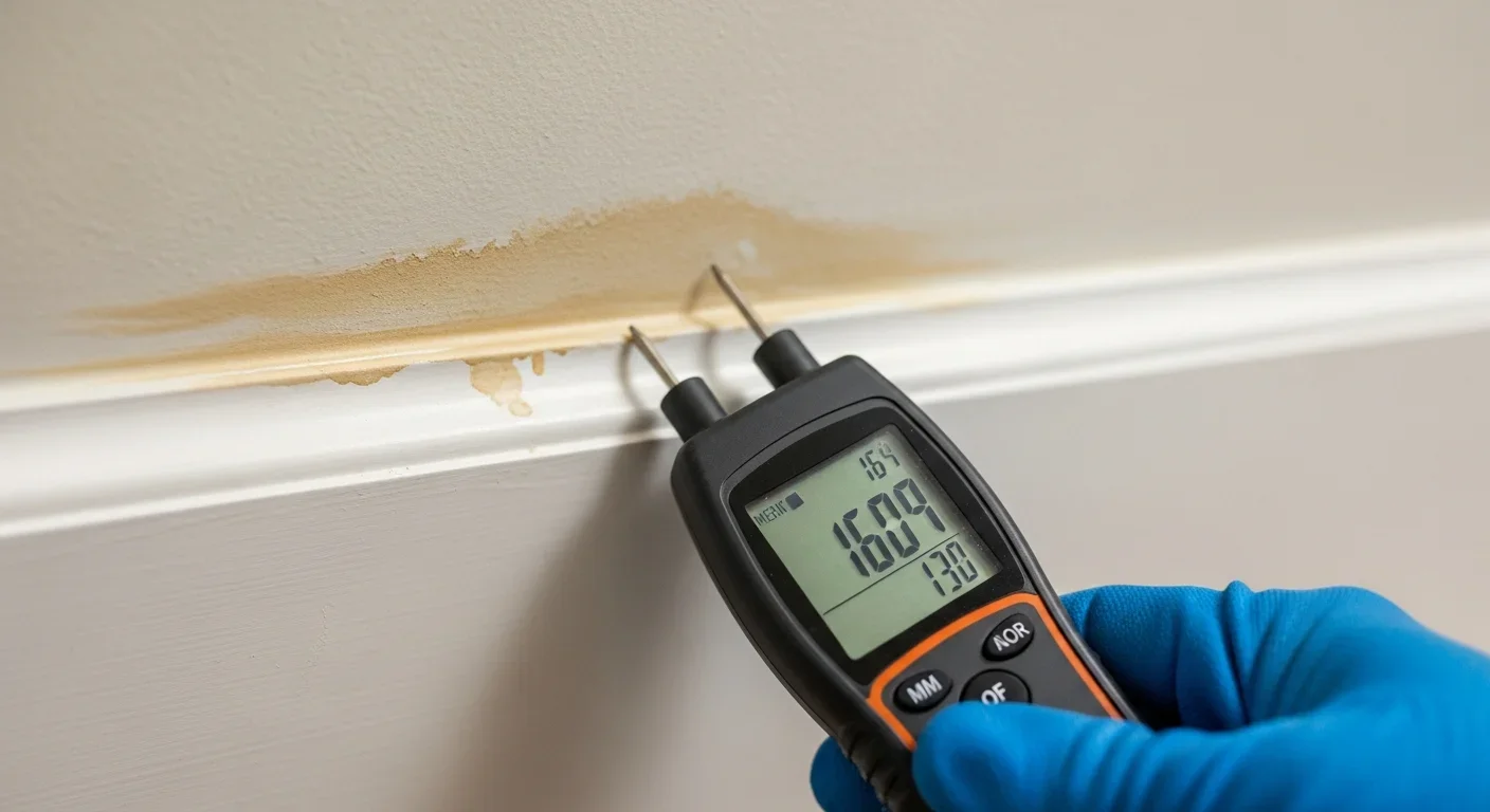 Close-up of a professional dual-probe moisture meter held against the lower edge of painted drywall in a Raleigh home showing elevated moisture reading with visible staining above the baseboard