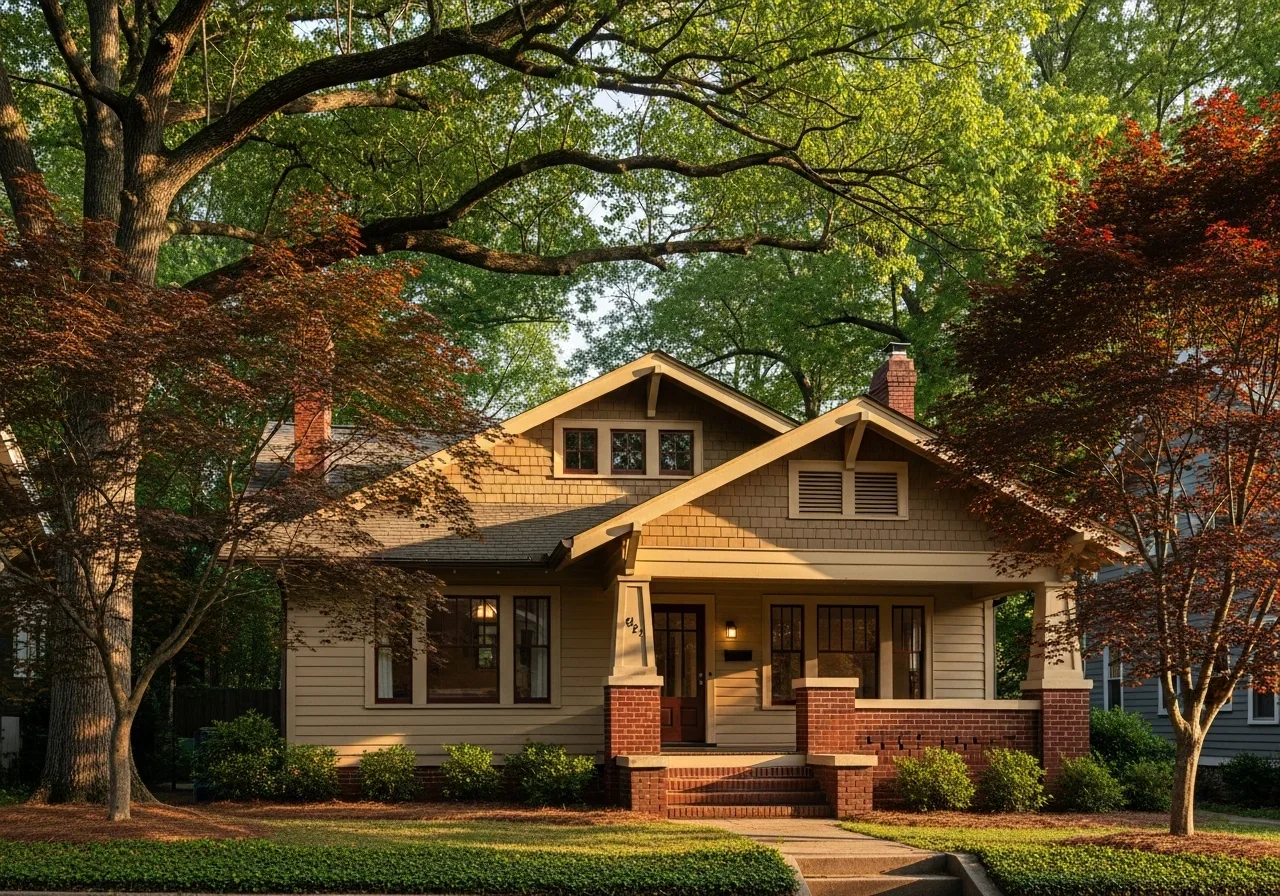 Boylan Heights Raleigh NC 1920s Craftsman bungalow with original wood siding, brick foundation and mature trees