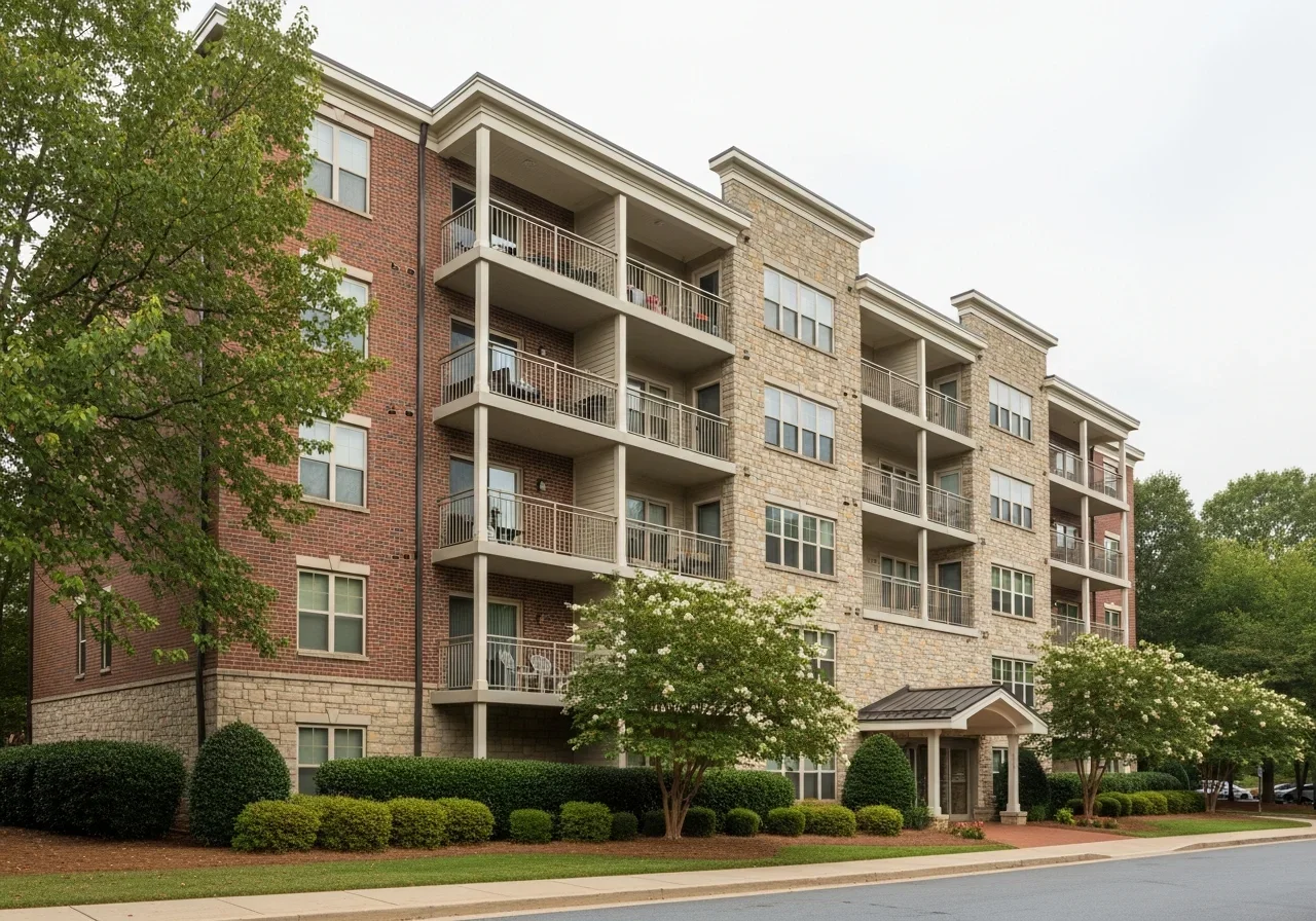 North Hills Raleigh mid-rise condominium building with shared-wall construction and mature landscaping