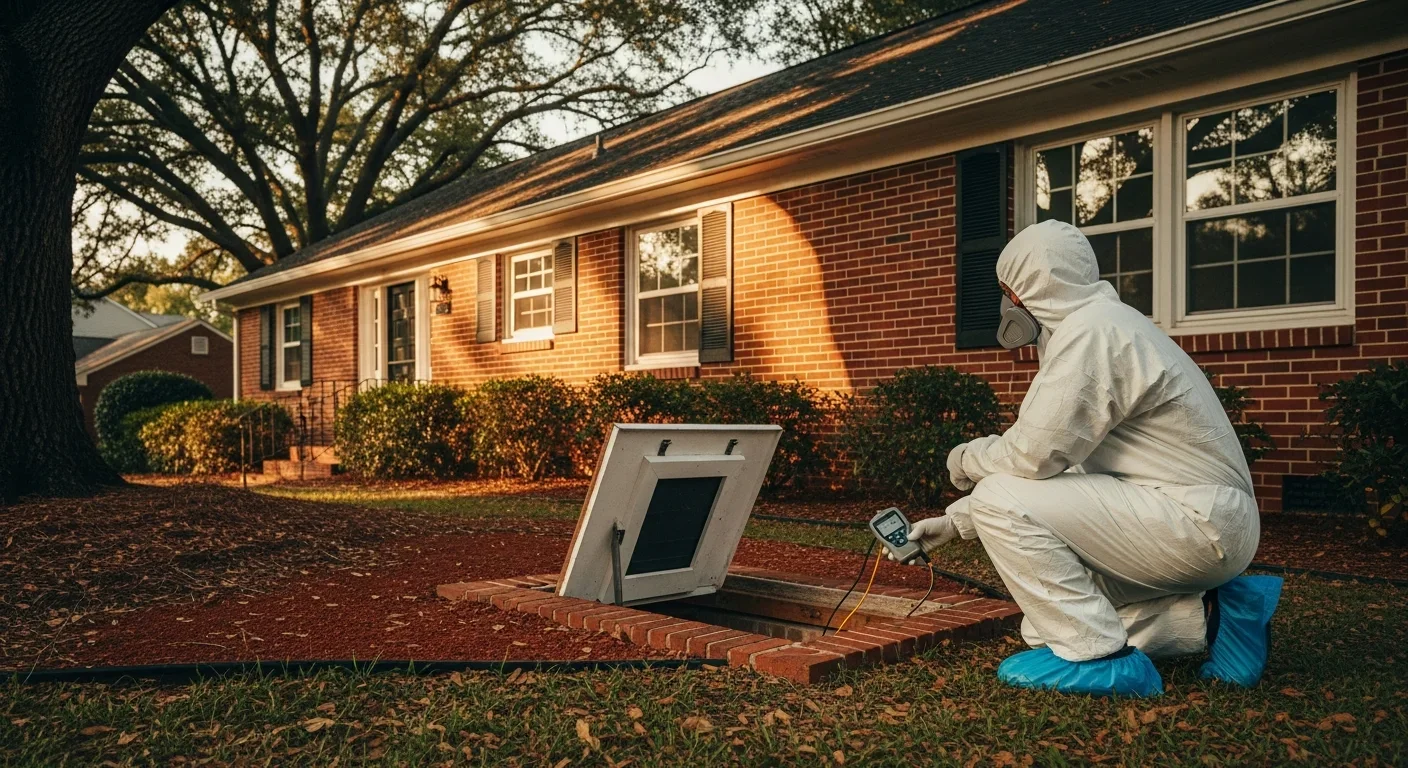 Classic Raleigh North Carolina brick ranch home with a mold remediation technician in full PPE kneeling beside a crawl space access door holding a moisture meter, mature oak canopy overhead and red clay soil visible at the foundation perimeter