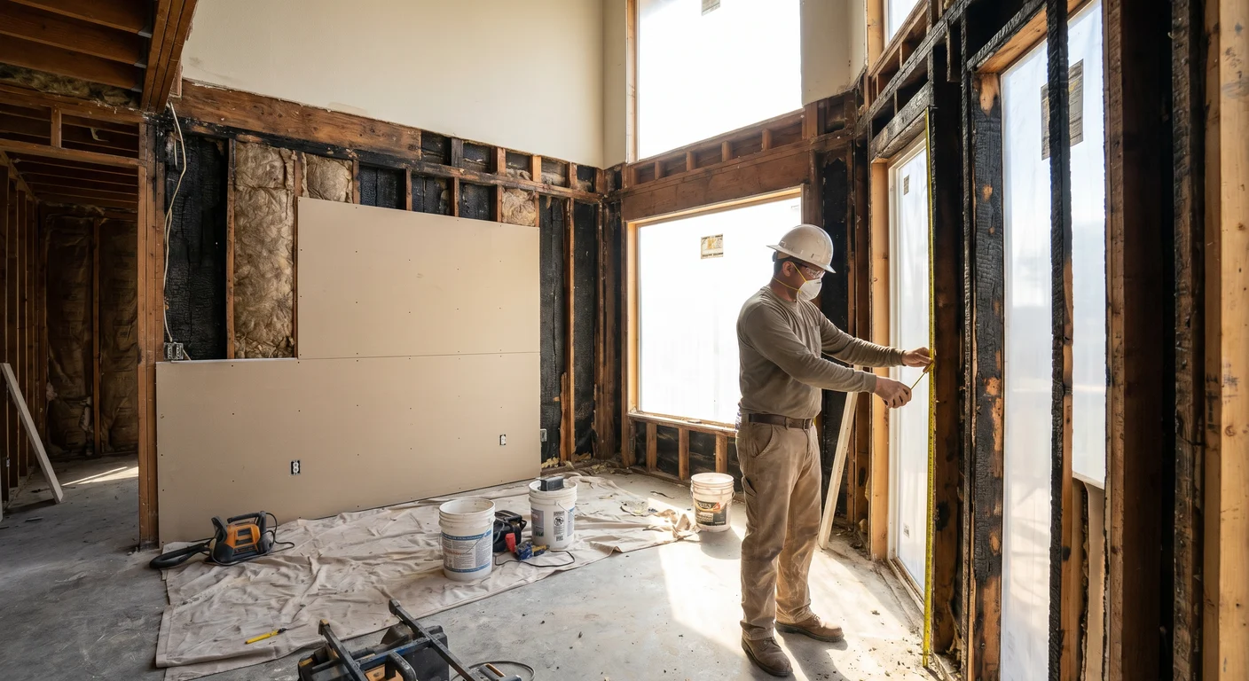 Interior of a home mid-reconstruction after a major disaster, with exposed wood framing and new drywall being installed