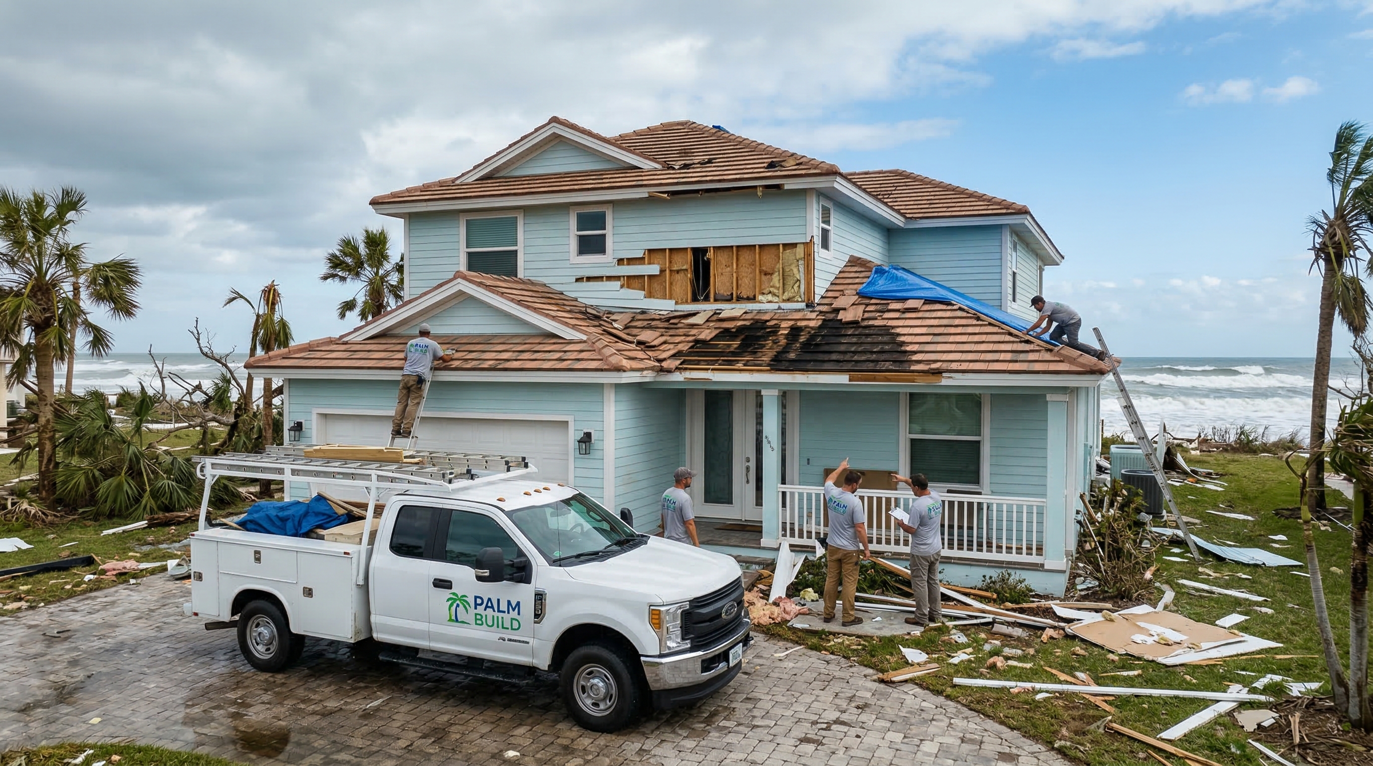 Palm Build restoration crew assessing hurricane damage at a Florida coastal home with service truck on-site