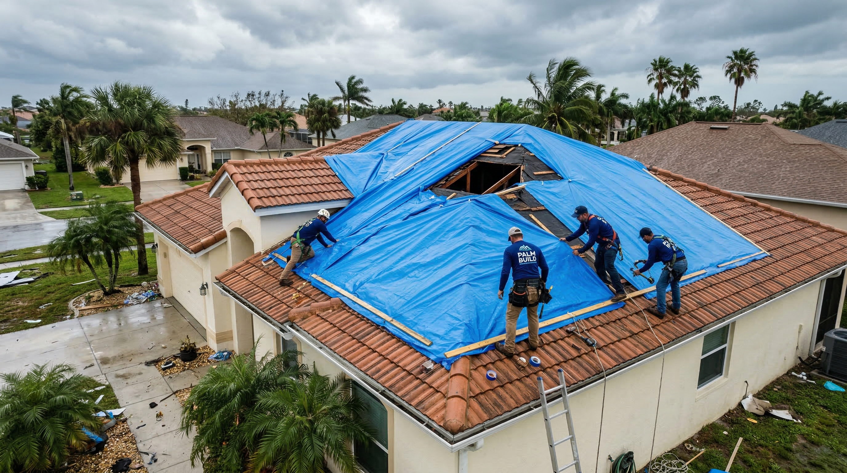 Palm Build crew securing emergency tarps on hurricane-damaged roof of a Florida home with palm trees in background