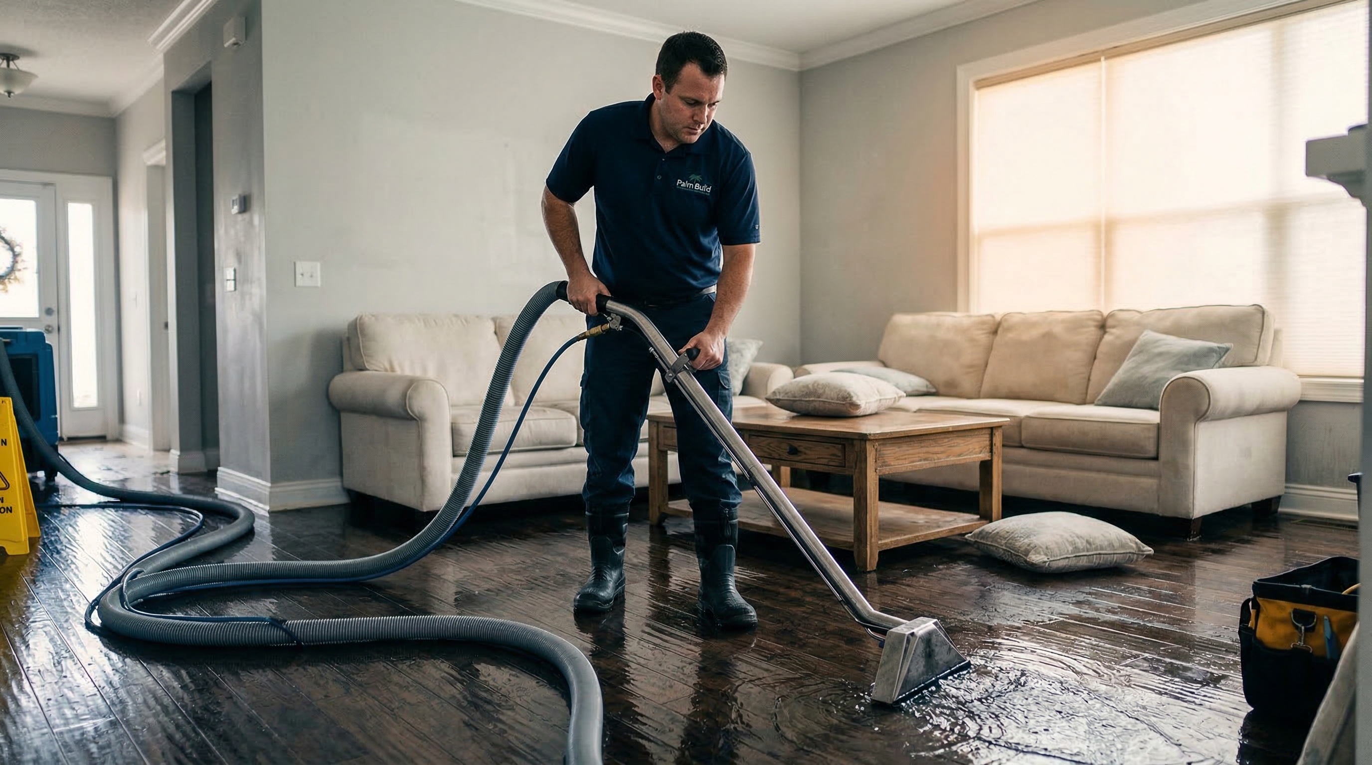 Palm Build technician performing water extraction in a flooded residential living room with industrial equipment