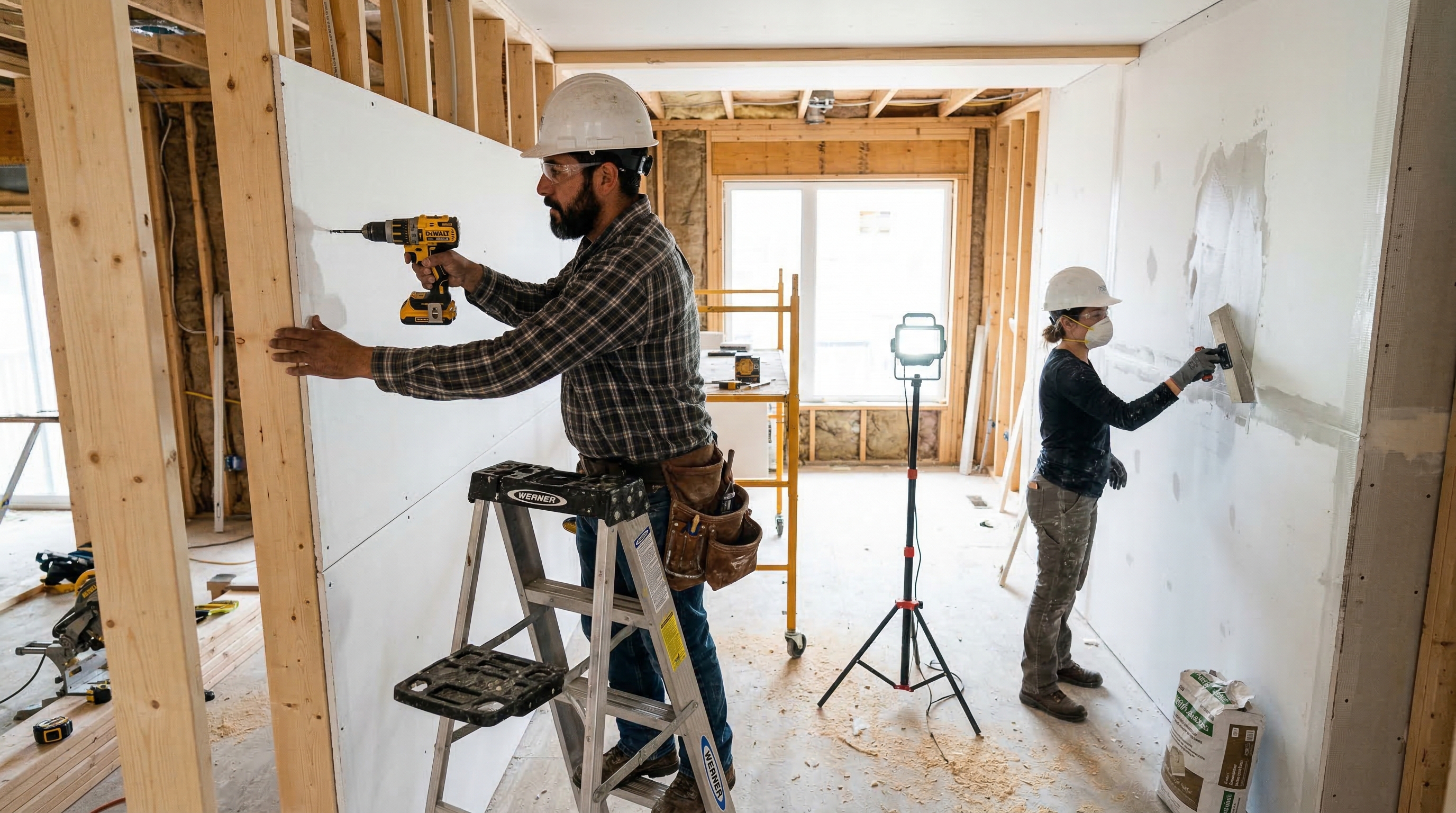 General contractor crew installing new drywall during the reconstruction phase of a previously water-damaged home