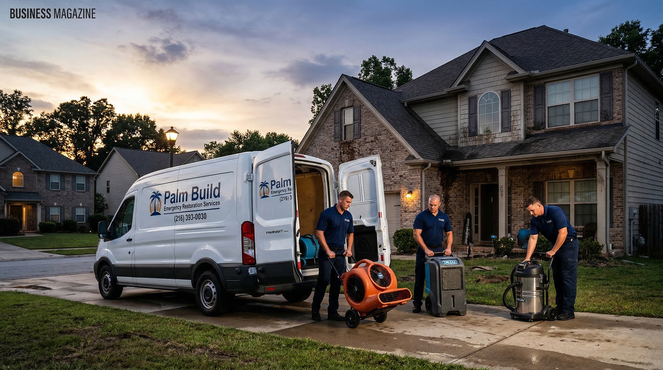 Palm Build emergency restoration team arriving at a residential property with water extraction equipment and service van