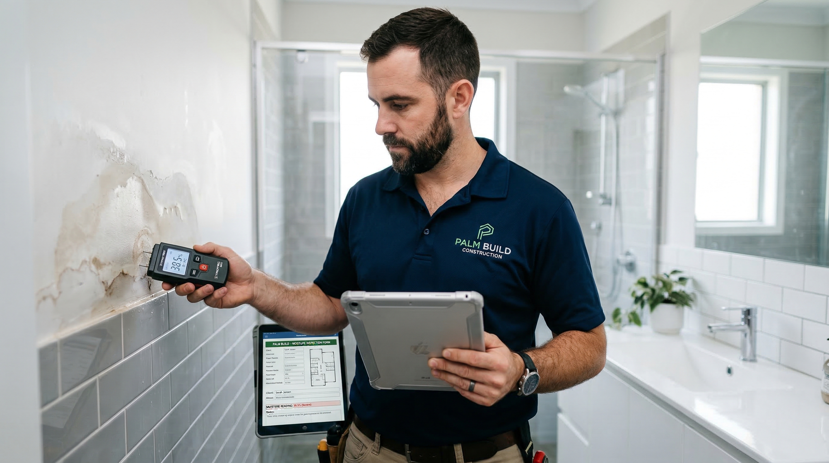 Palm Build professional using a tablet to document water damage and create insurance estimates with moisture meter readings