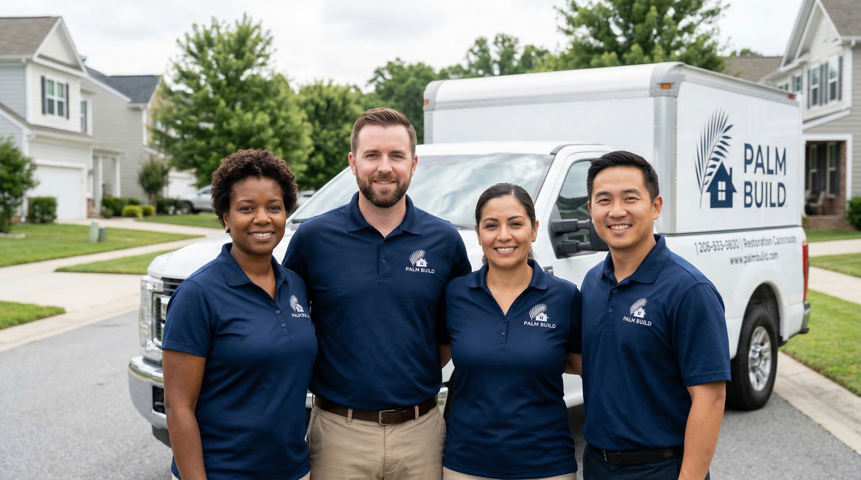 Palm Build restoration team in navy branded uniforms standing in front of service truck, ready for emergency deployment