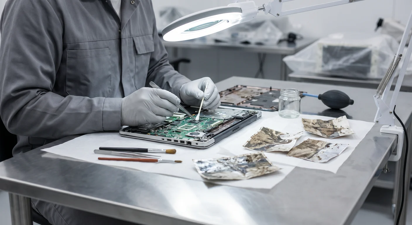 Restoration technician carefully assessing and cleaning flood-damaged electronics and documents laid out on a workbench