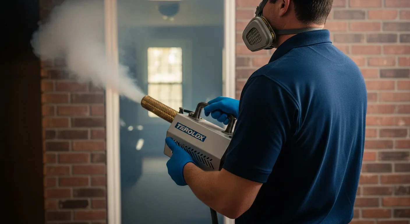Palm Build Restoration technician in navy blue branded uniform with respirator operating a thermal fogger during smoke odor remediation inside a Rock Hill SC brick ranch home interior