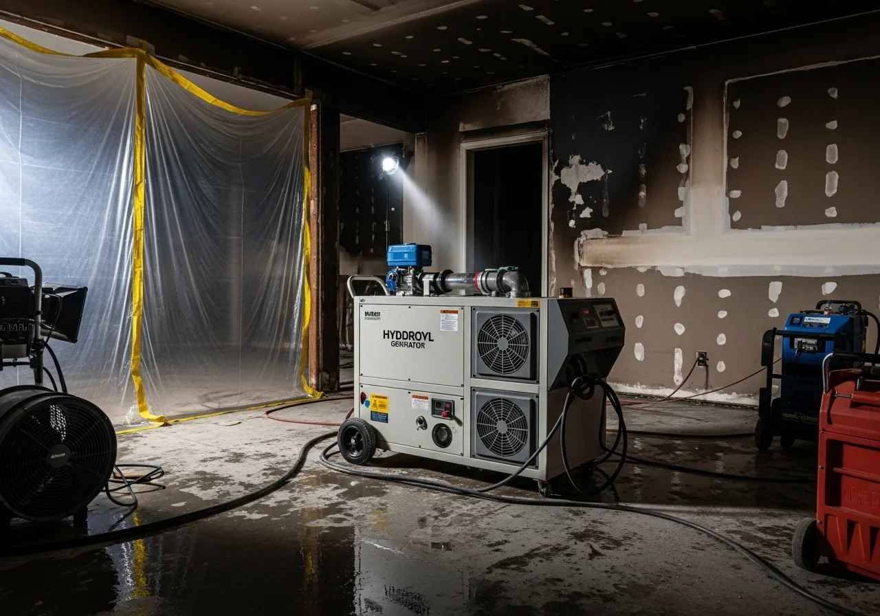 Industrial hydroxyl generator running in a damaged Rock Hill interior room with visible smoke-affected drywall and containment plastic in background during occupied smoke odor remediation