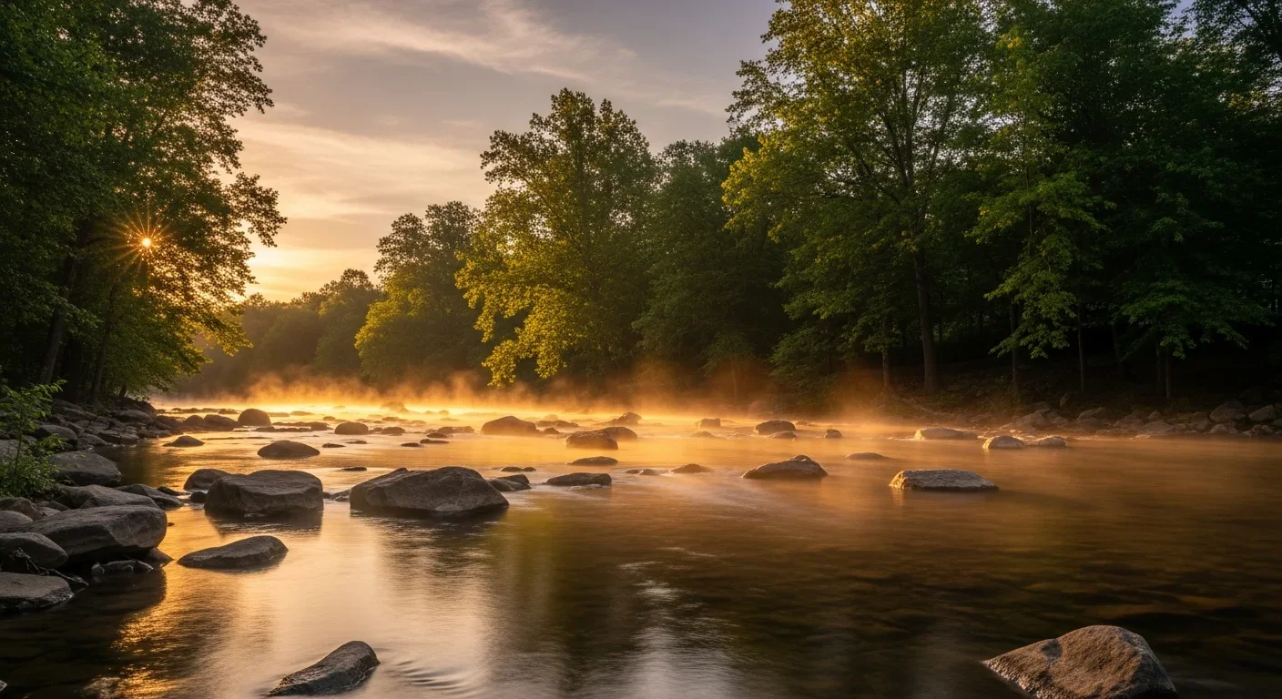 Catawba River flowing past Westminster Park in Rock Hill South Carolina at golden hour with visible humidity rising from the water surface and mature hardwood canopy on the banks