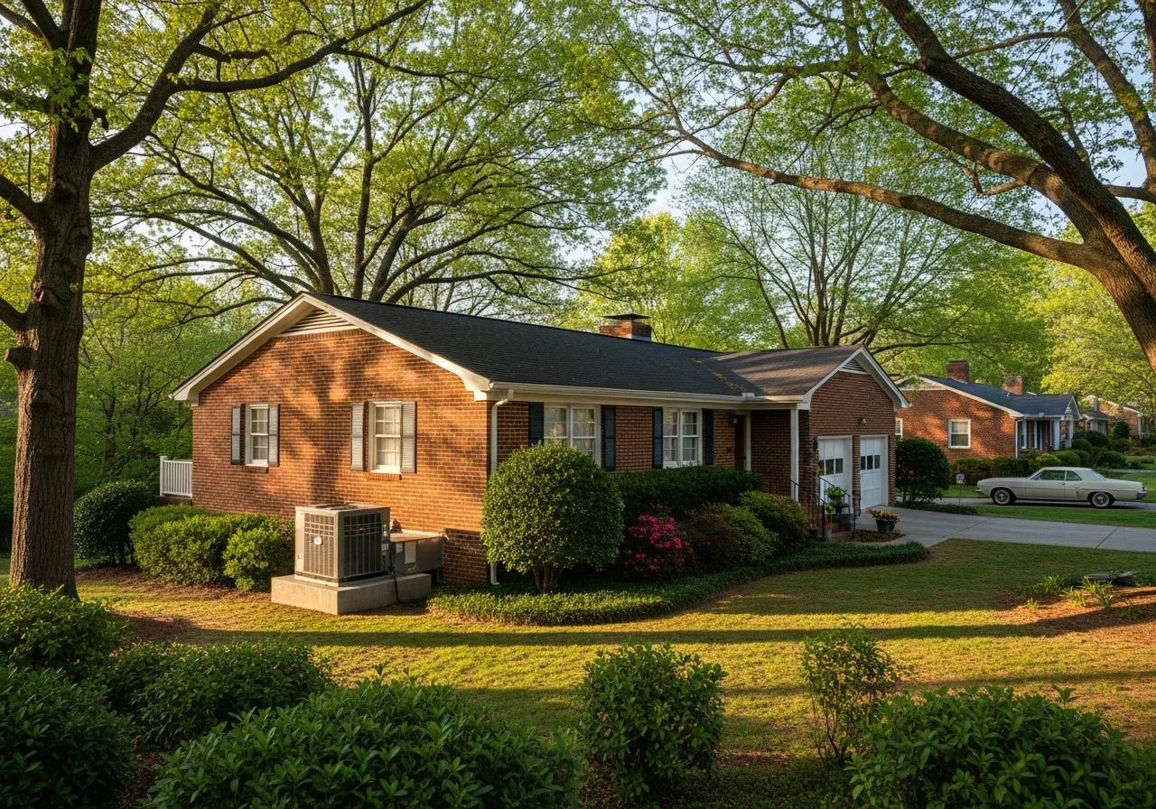 College Downs Rock Hill SC 1960s brick ranch home with central HVAC and mature landscaping in a chronic-flood-zone neighborhood