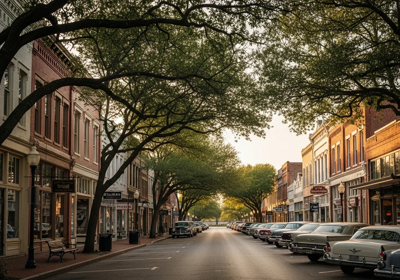 Old Town Rock Hill SC historic downtown area with Main Street architecture, early 20th century brick storefronts and mature oak trees