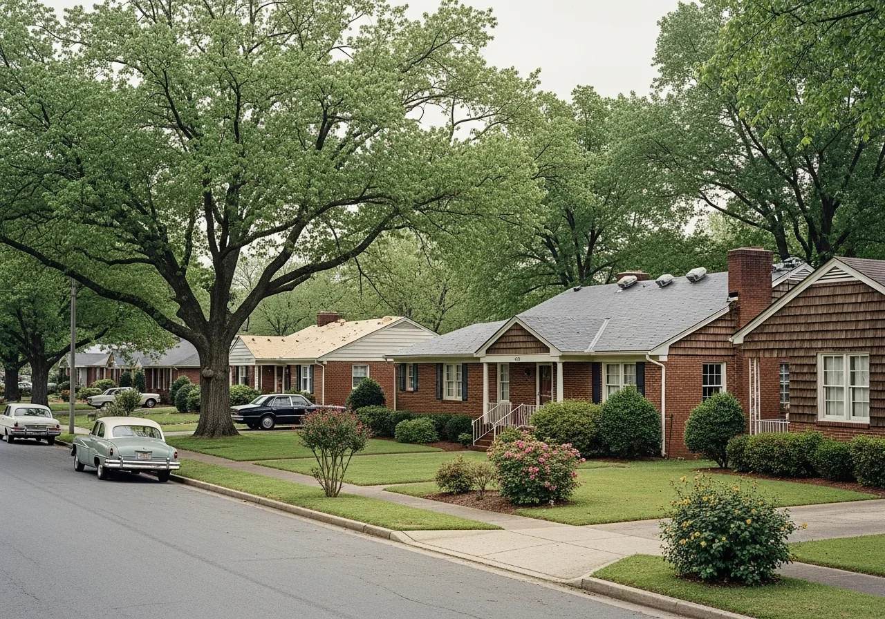 Southside Rock Hill SC 1940s-70s brick ranch and wood frame homes with mature landscaping and post-hailstorm roof replacement