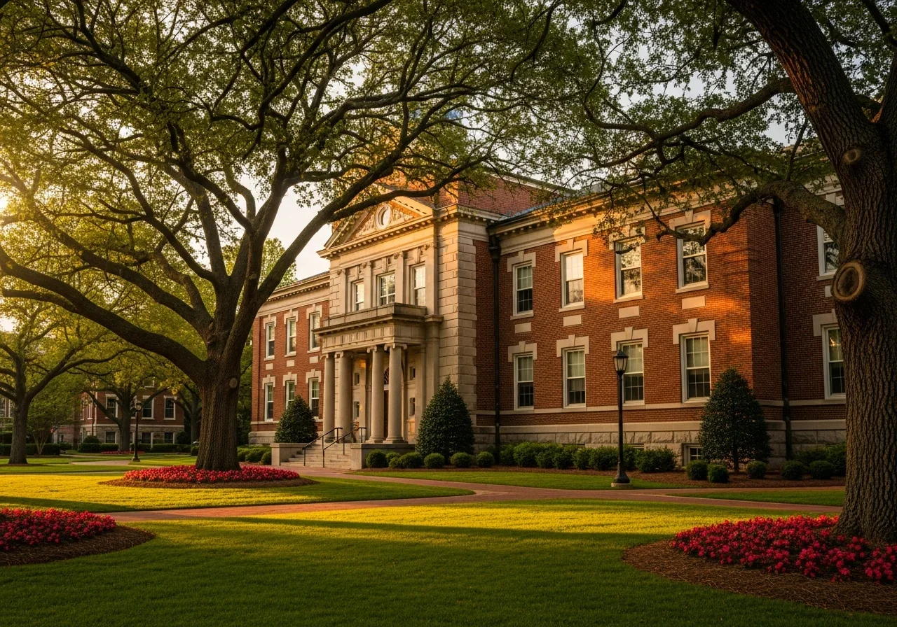Winthrop University Rock Hill SC red brick Victorian academic building with historic architectural details and campus trees