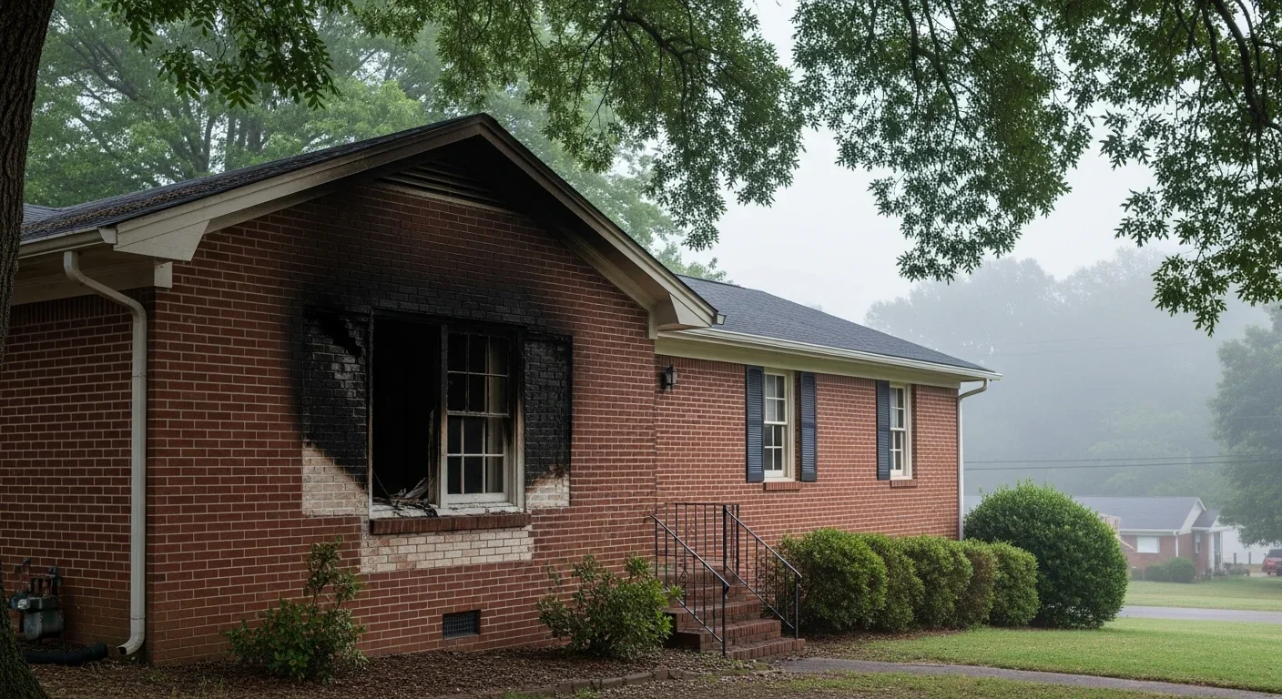 Classic Rock Hill South Carolina 1960s brick ranch home with visible smoke staining on exterior bricks near kitchen window, mature oak canopy overhead and Catawba River mist visible in background
