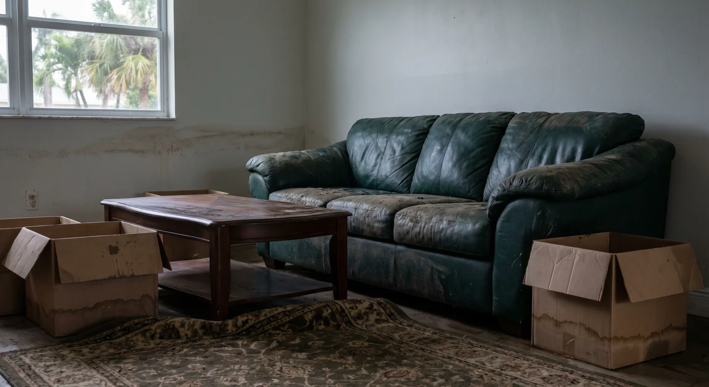Salt-streaked furniture and waterlogged cardboard boxes in a coastal Florida home after saltwater intrusion from a storm surge