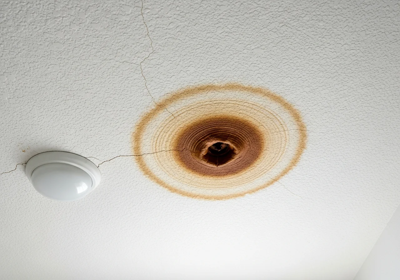 Brown water ring stain with concentric patterns and cracking on a white textured ceiling, with a light fixture visible nearby