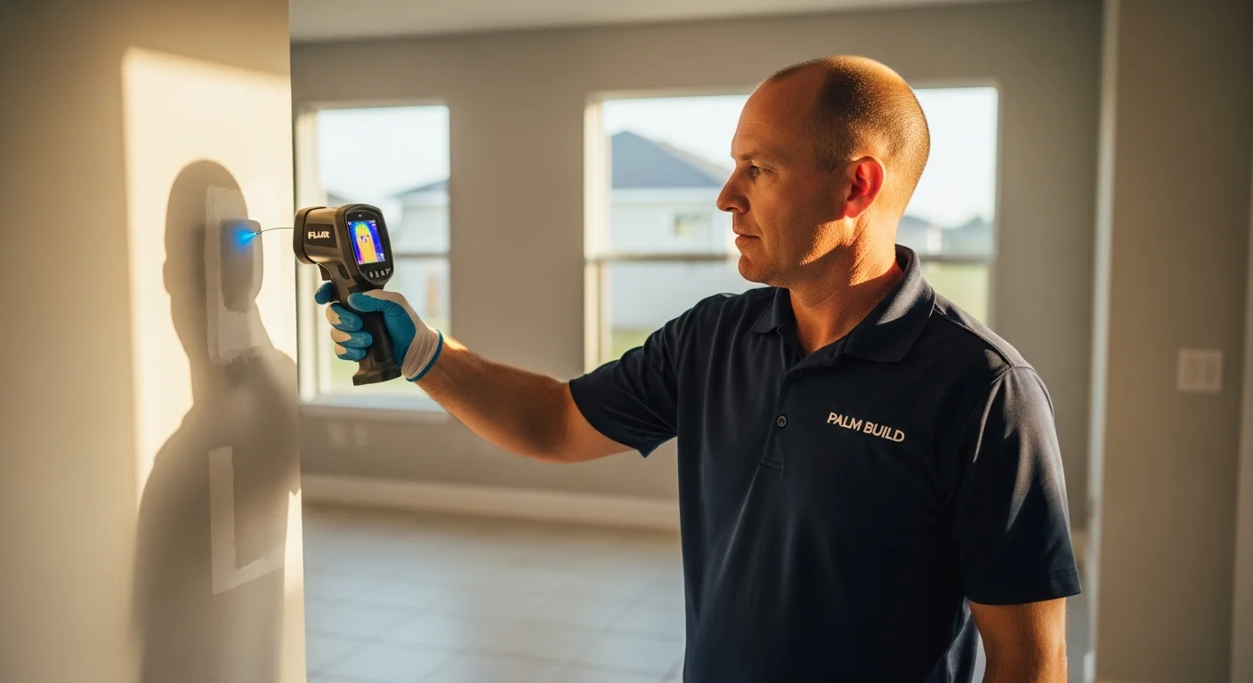Palm Build restoration technician using a FLIR thermal imaging camera to detect hidden water damage behind drywall in a Florida home