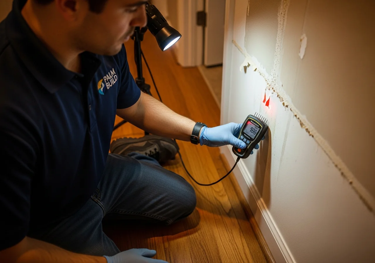 Palm Build technician pressing a pin-type moisture meter against a wall above the baseboard to detect hidden moisture behind drywall