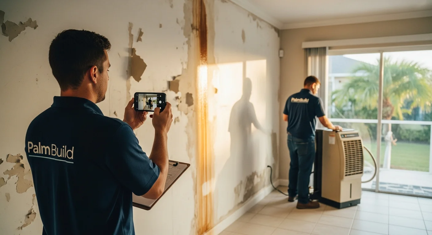 Palm Build restoration technician photographing water damage on a wall with a smartphone while a second technician sets up a commercial dehumidifier in the background